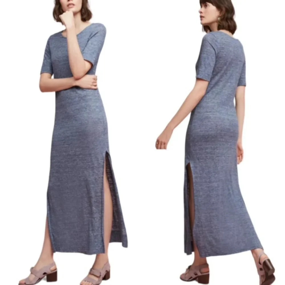34N 118W Anthropologie NWT Benna Linen Dress Marled Light Blue Maxi Size M